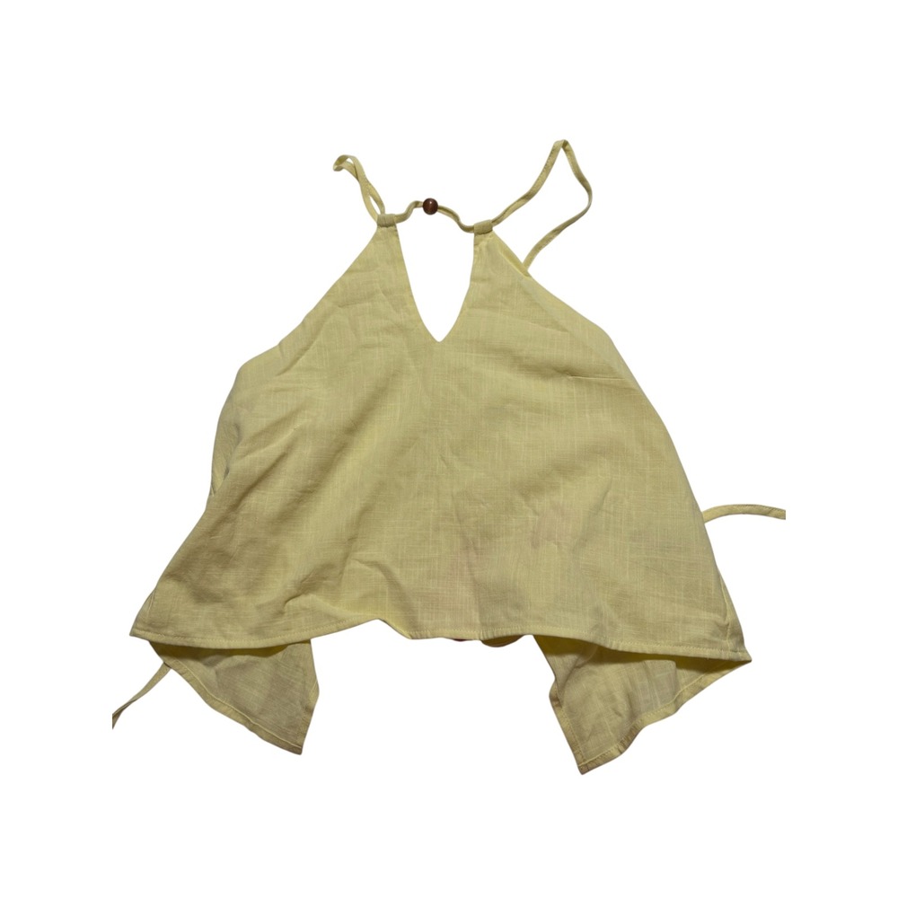 Edikted Yellow Cotton Halter Top Wooden Bead Tie Back Handkerchief Hem Small NWT